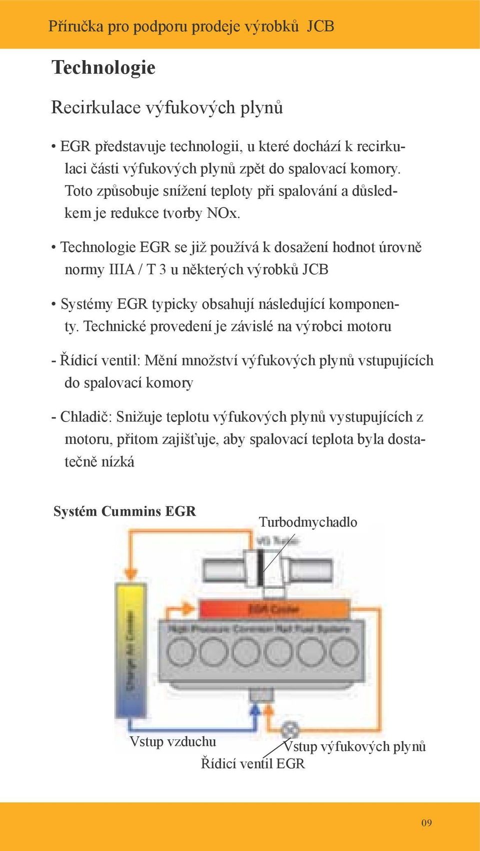 Technologie EGR se již používá k dosažení hodnot úrovně normy IIIA / T 3 u některých výrobků JCB Systémy EGR typicky obsahují následující komponenty.