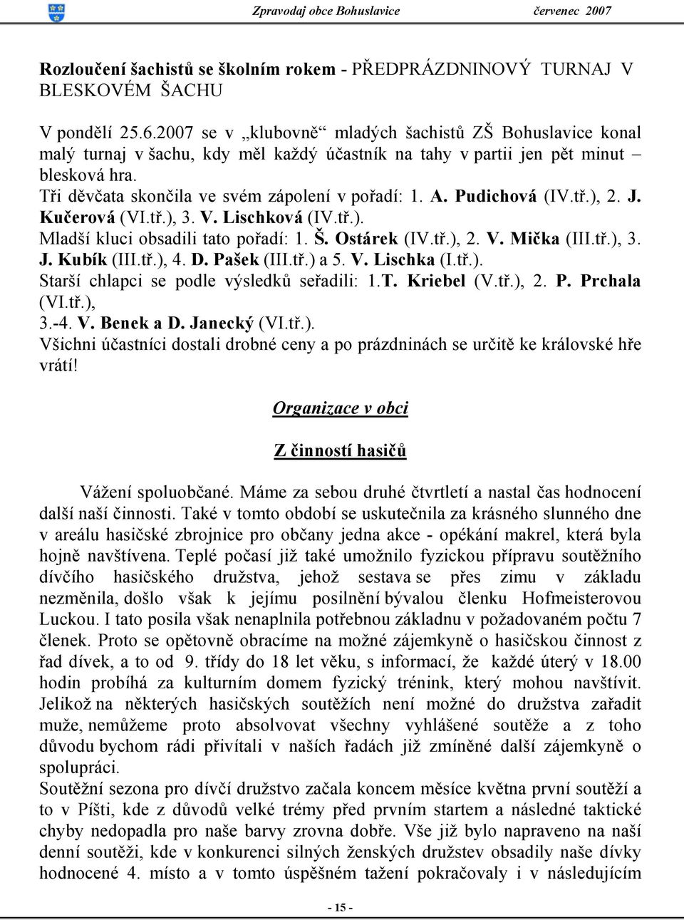 Pudichová (IV.tř.), 2. J. Kučerová (VI.tř.), 3. V. Lischková (IV.tř.). Mladší kluci obsadili tato pořadí: 1. Š. Ostárek (IV.tř.), 2. V. Mička (III.tř.), 3. J. Kubík (III.tř.), 4. D. Pašek (III.tř.) a 5.