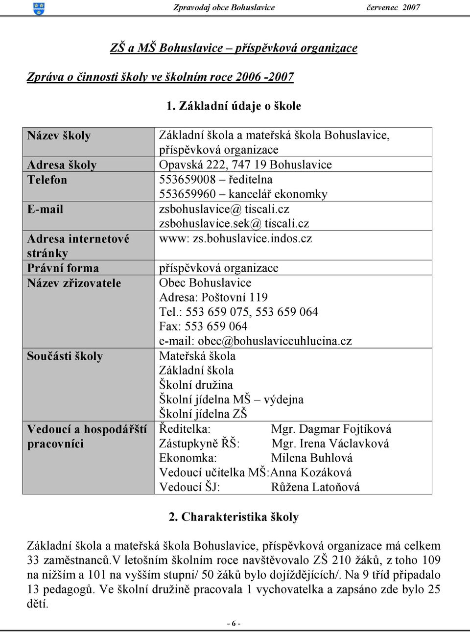 škola Bohuslavice, příspěvková organizace Opavská 222, 747 19 Bohuslavice 553659008 ředitelna 553659960 kancelář ekonomky zsbohuslavice@ tiscali.cz zsbohuslavice.sek@ tiscali.cz www: zs.bohuslavice.indos.