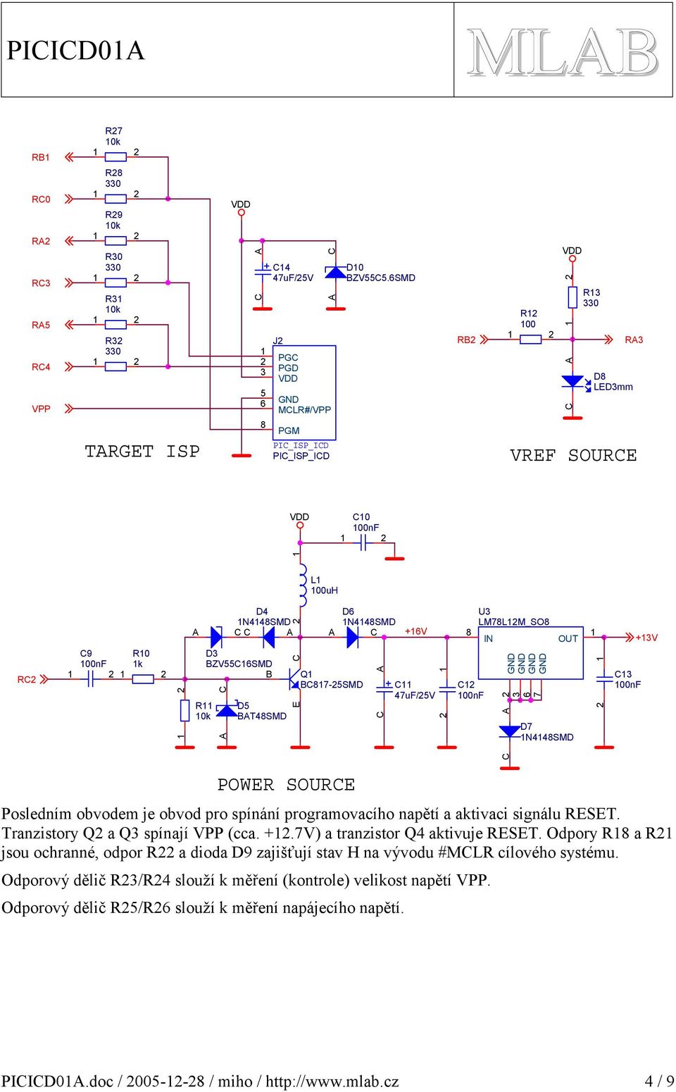 SOURE Posledním obvodem je obvod pro spínání programovacího napětí a aktivaci signálu RESET. Tranzistory Q a Q spínají VPP (cca. +.7V) a tranzistor Q4 aktivuje RESET.