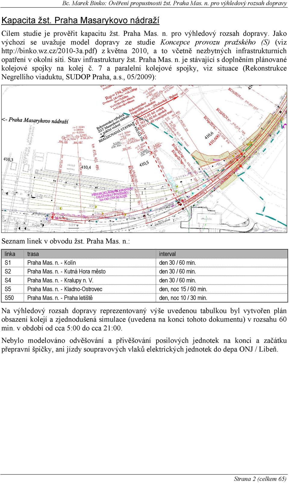 7 a paralelní kolejové spojky, viz situace (Rekonstrukce Negrelliho viaduktu, SUDOP Praha, a.s., 05/2009): Seznam linek v obvodu žst. Praha Mas. n.: linka S1 S2 S4 S5 S50 trasa Praha Mas. n. - Kolín Praha Mas.