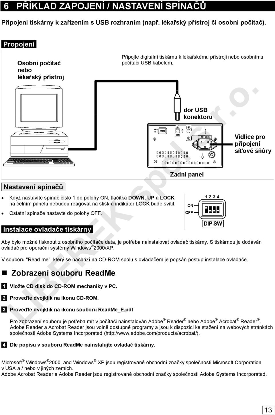 Ostatní spínače nastavte do polohy OFF. Instalace ovladače tiskárny Připojte digitální tiskárnu k lékařskému přístroji nebo osobnímu počítači USB kabelem.