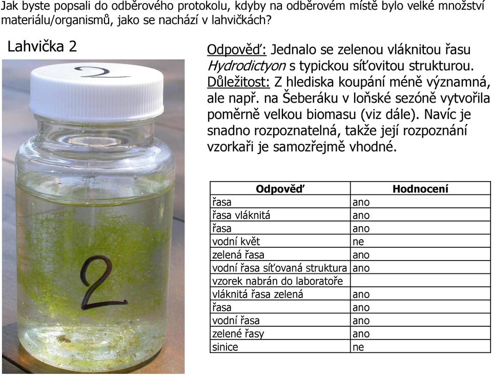 na Šeberáku v loňské sezóně vytvořila poměrně velkou biomasu (viz dále). Navíc je snadno rozpoznatelná, takže její rozpoznání vzorkaři je samozřejmě vhodné.