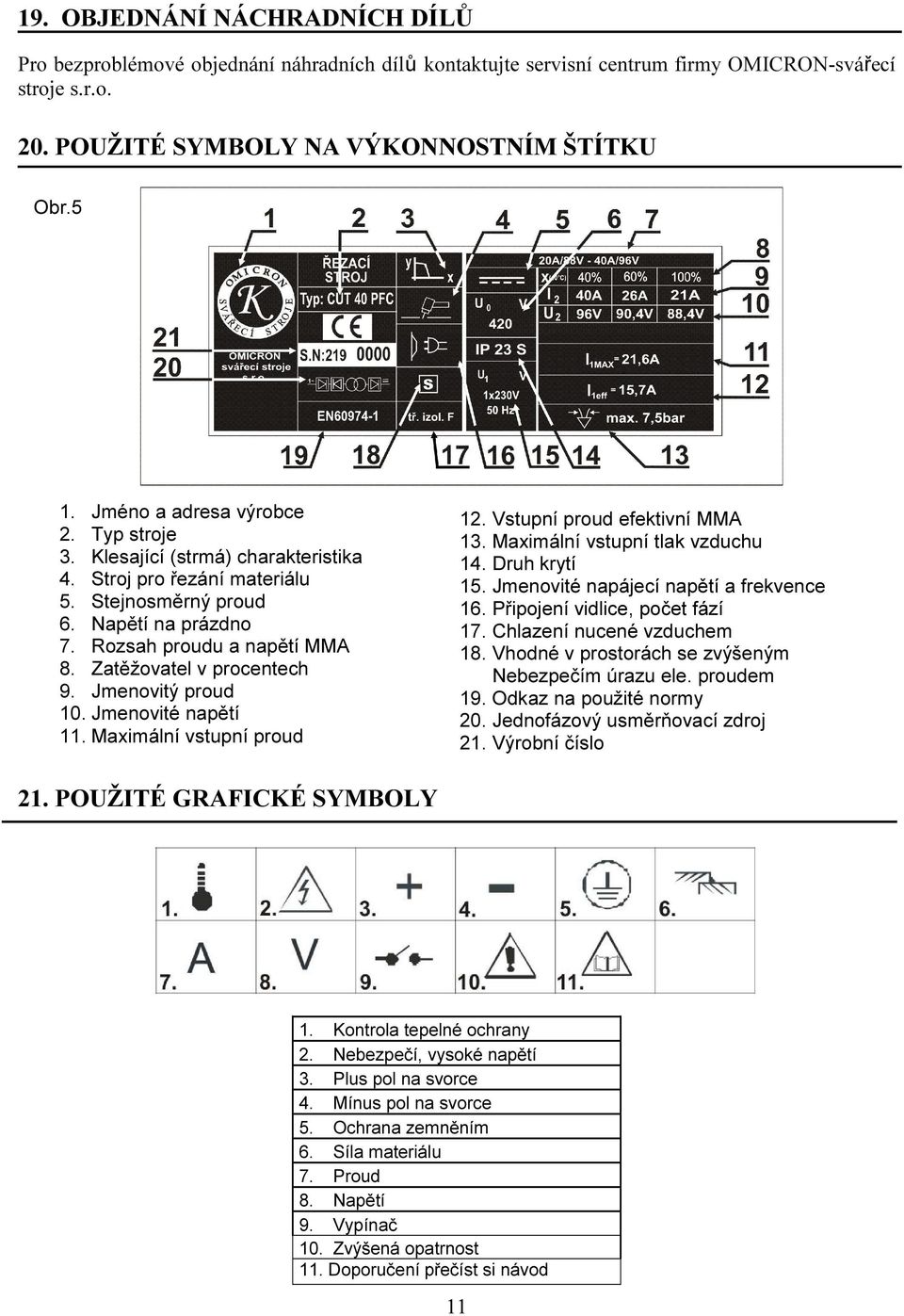 Zatěžovatel v procentech 9. Jmenovitý proud 10. Jmenovité napětí 11. Maximální vstupní proud 12. Vstupní proud efektivní MMA 13. Maximální vstupní tlak vzduchu 14. Druh krytí 15.
