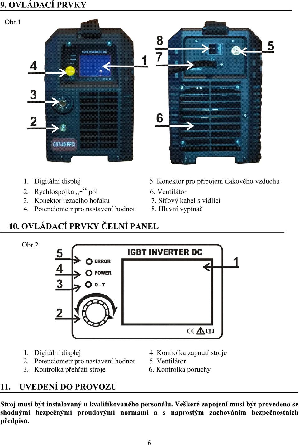 Digitální displej 2. Potenciometr pro nastavení hodnot 3. Kontrolka přehřátí stroje 4. Kontrolka zapnutí stroje 5. Ventilátor 6. Kontrolka poruchy 11.