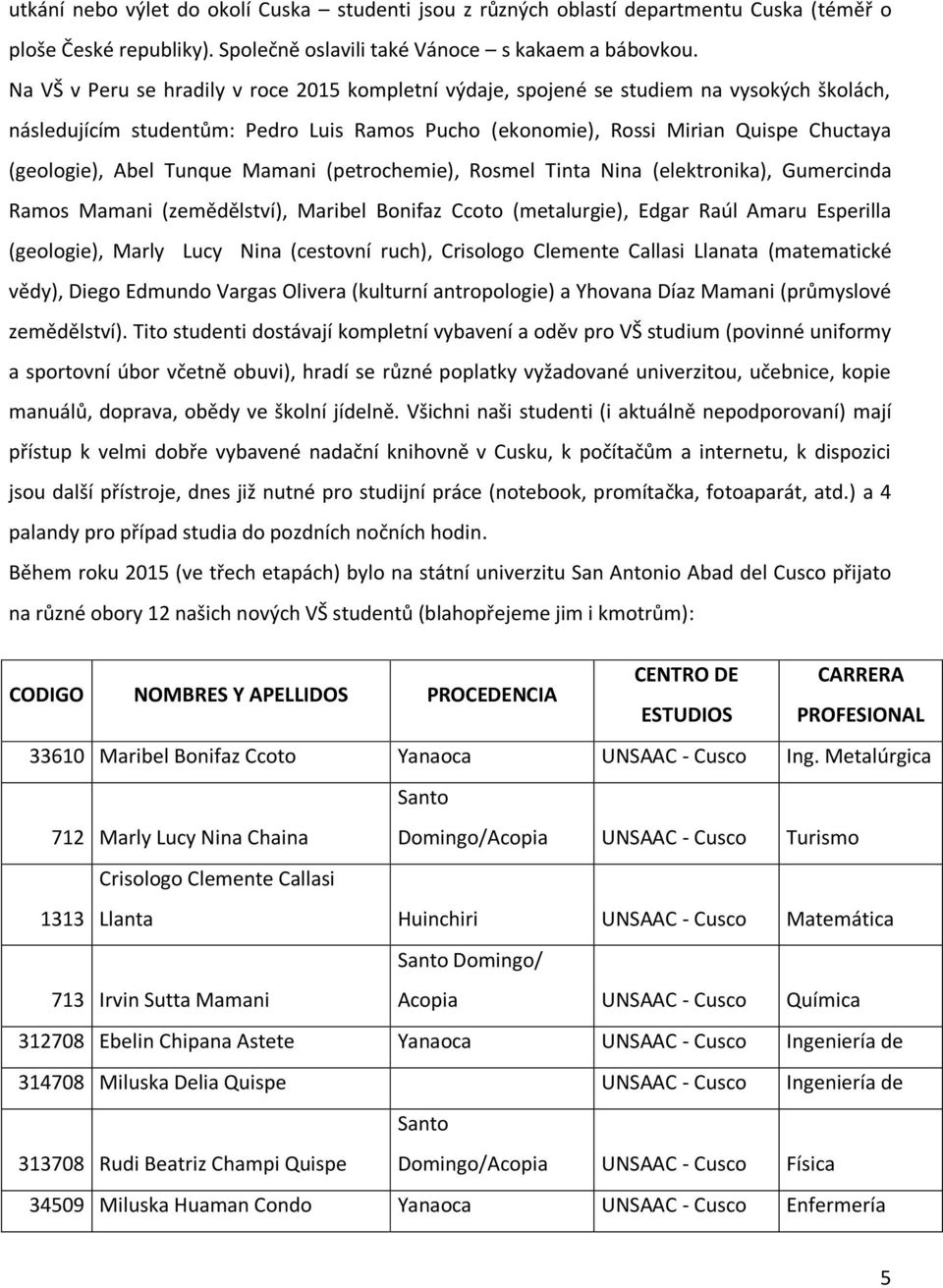 Tunque Mamani (petrochemie), Rosmel Tinta Nina (elektronika), Gumercinda Ramos Mamani (zemědělství), Maribel Bonifaz Ccoto (metalurgie), Edgar Raúl Amaru Esperilla (geologie), Marly Lucy Nina