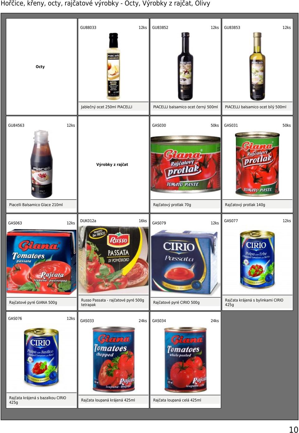 protlak 70g Rajčatové pyré GIANA 500g GAS076 Rajčata krájená s bazalkou CIRIO 425g DUK012a 1 GAS079 Russo Passata - rajčatové pyré 500g tetrapak