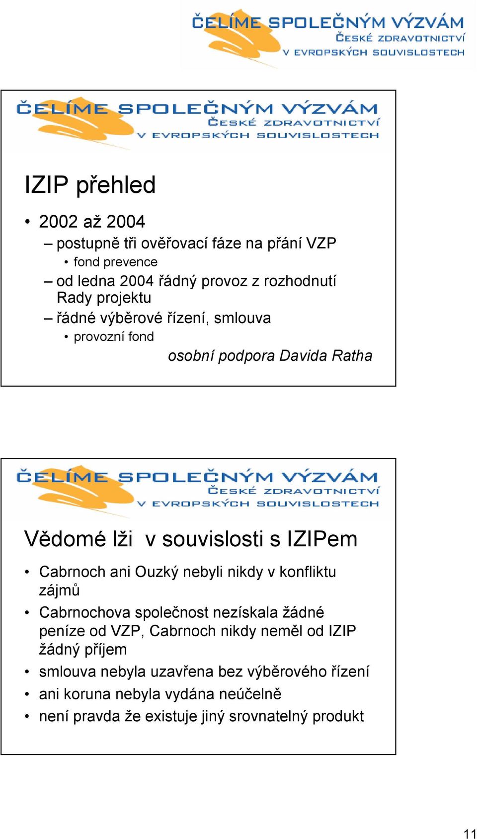 Ouzký nebyli nikdy v konfliktu zájmů Cabrnochova společnost nezískala žádné peníze od VZP, Cabrnoch nikdy neměl od IZIP žádný