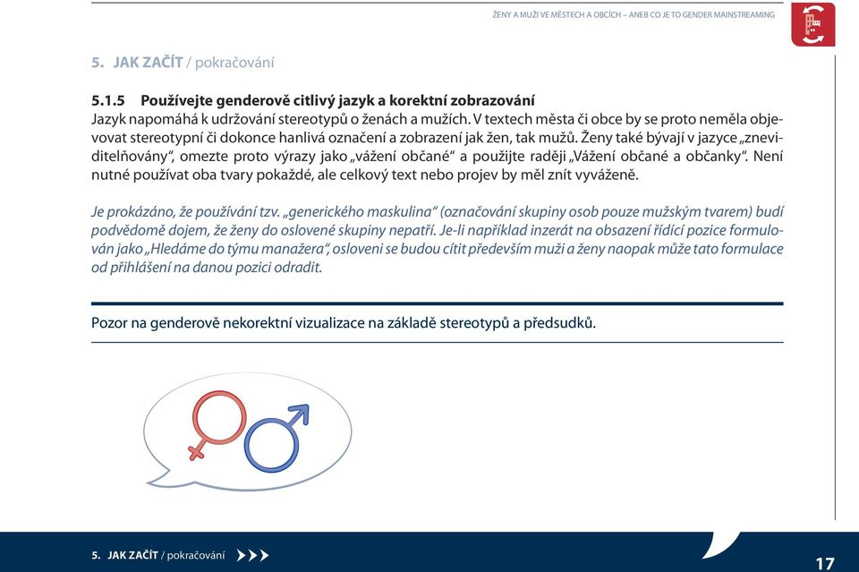 V textech města či obce by se proto neměla objevovat stereotypní či dokonce hanlivá označení a zobrazení jak žen, tak mužů.