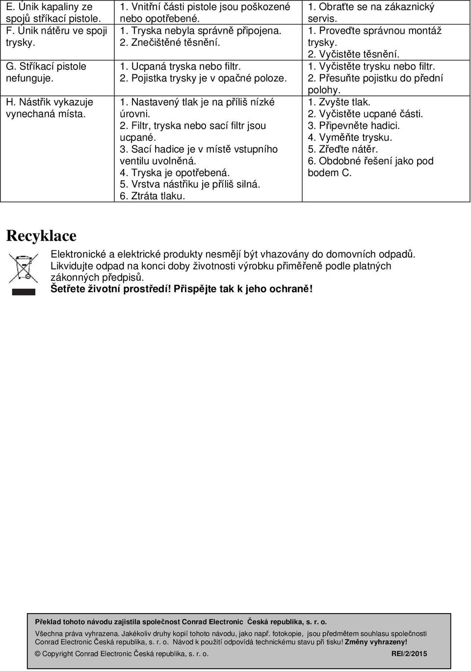 3. Sací hadice je v místě vstupního ventilu uvolněná. 4. Tryska je opotřebená. 5. Vrstva nástřiku je příliš silná. 6. Ztráta tlaku. 1. Obraťte se na zákaznický servis. 1. Proveďte správnou montáž trysky.