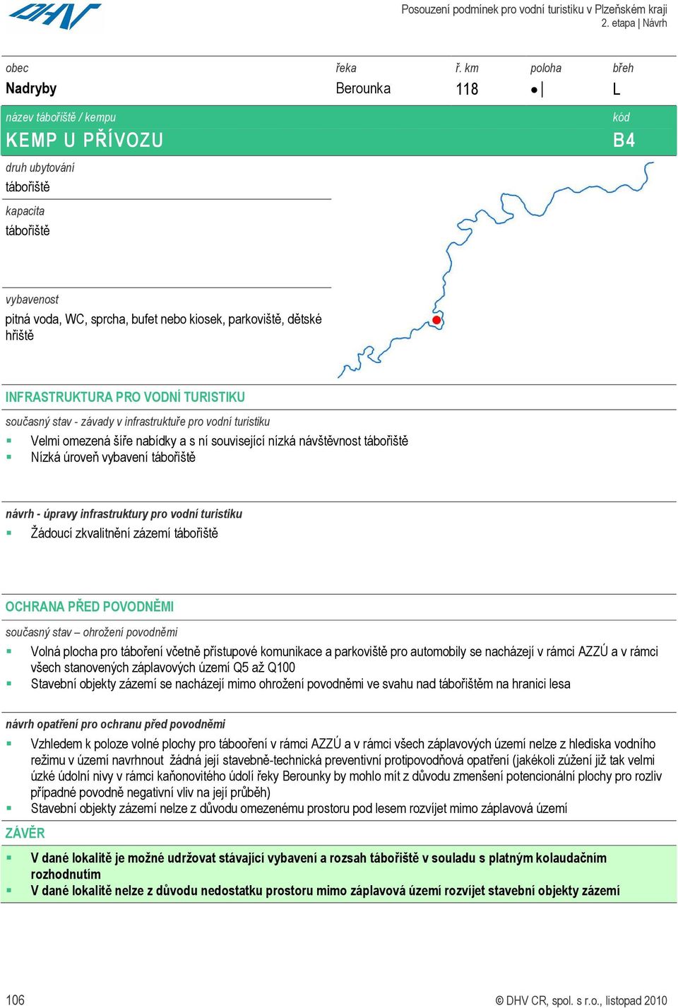 turistiku Žádoucí zkvalitnění zázemí tábořiště OCHRANA ŘED OVODNĚMI současný stav ohrožení povodněmi Volná plocha pro táboření včetně přístupové komunikace a parkoviště pro automobily se nacházejí v