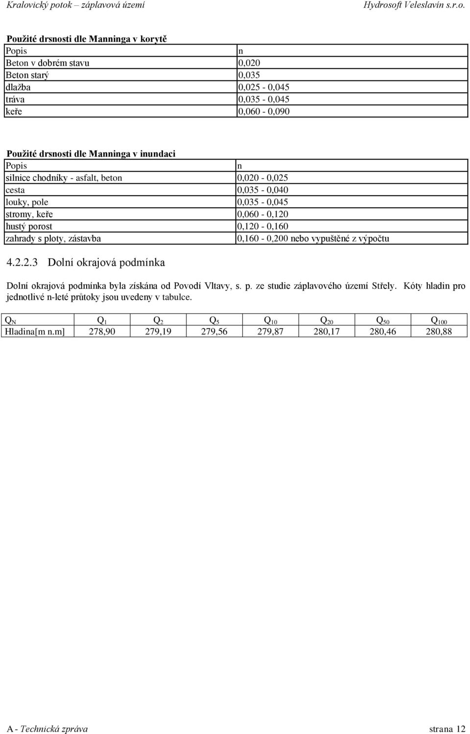 0,160-0,200 nebo vypuštěné z výpočtu 4.2.2.3 Dolní okrajová podmínka Dolní okrajová podmínka byla získána od Povodí Vltavy, s. p. ze studie záplavového území Střely.