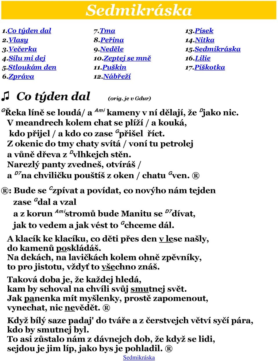 Z okenic do tmy chaty svítá / voní tu petrolej a vůně dřeva z D vlhkejch stěn. Narezlý panty zvedneš, otvíráš / a D7 na chviličku pouštíš z oken / chatu G ven.