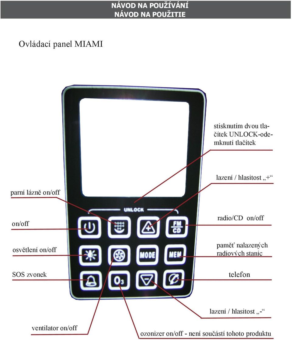 radio/cd on/off osvětlení on/off SOS zvonek paměť nalazených radiových stanic