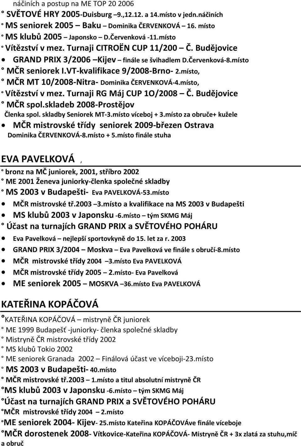 místo, MČR MT 10/2008 Nitra Dominika ČERVENKOVÁ 4.místo, Vítězství v mez. Turnaji RG Máj CUP 1O/2008 Č. Budějovice MČR spol.skladeb 2008 Prostějov Členka spol. skladby Seniorek MT 3.místo víceboj + 3.