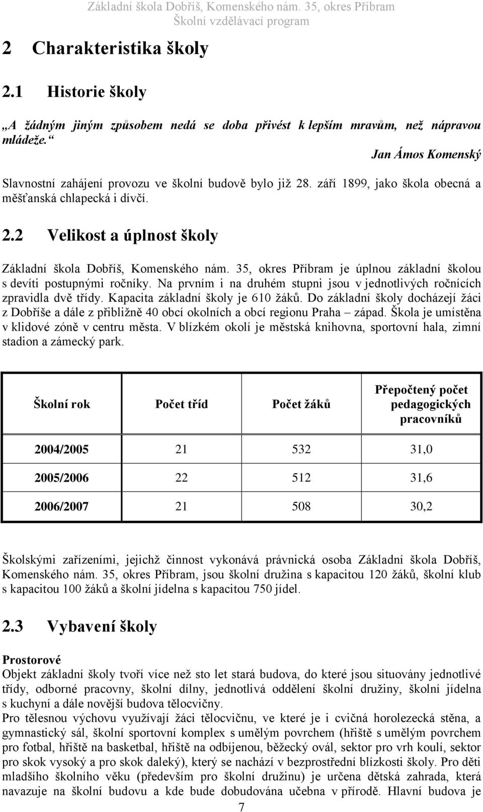 35, okres Příbram je úplnou základní školou s devíti postupnými ročníky. Na prvním i na druhém stupni jsou v jednotlivých ročnících zpravidla dvě třídy. Kapacita základní školy je 610 žáků.