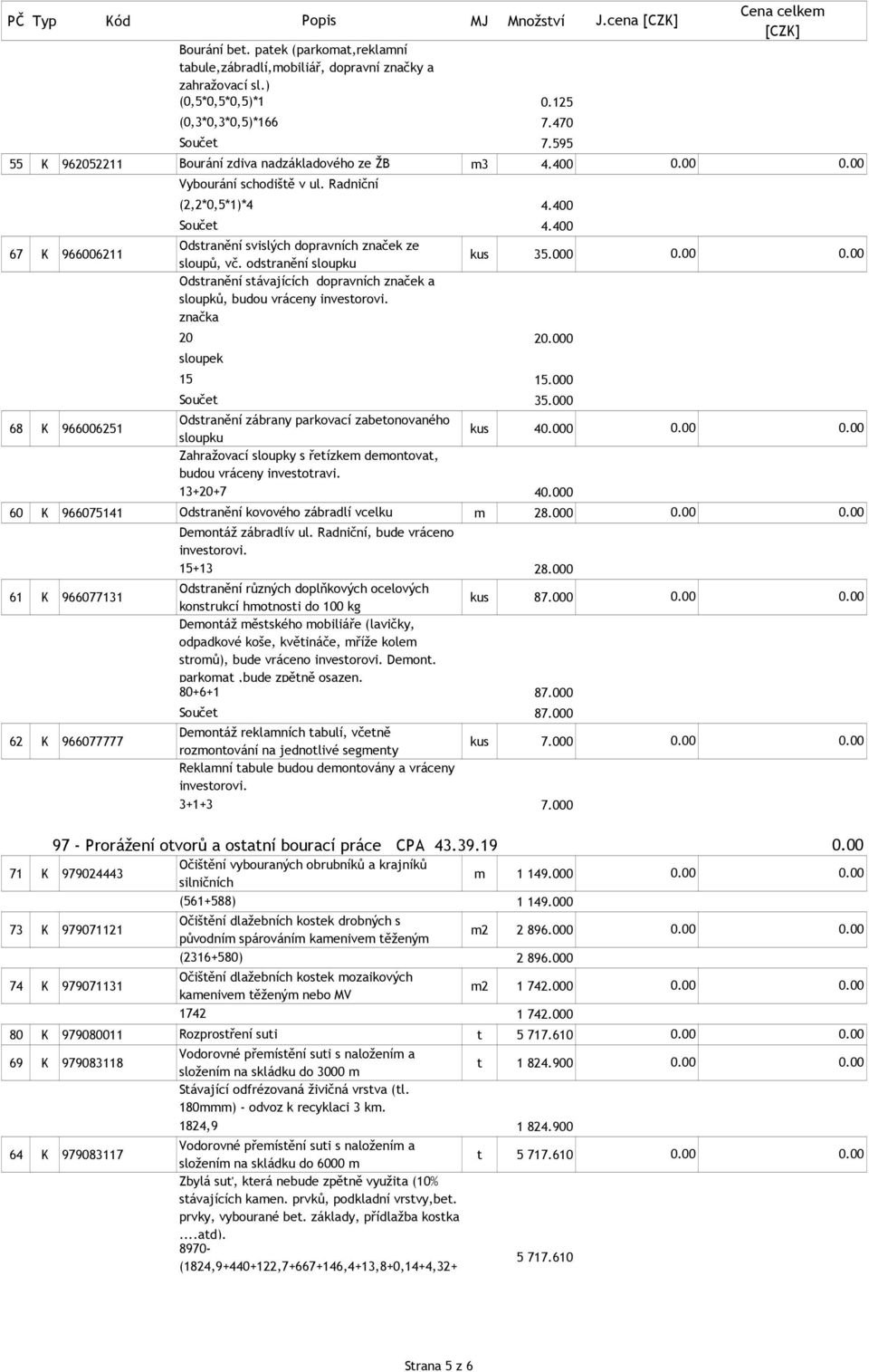 odstranění sloupku kus 35.000 Odstranění stávajících dopravních značek a sloupků, budou vráceny investorovi. značka 20 sloupek 15 20 15.000 35.