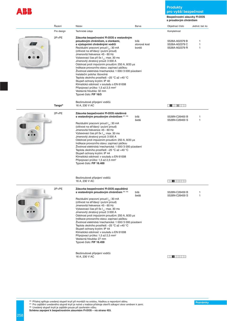 Instalační poloha: libovolná Stupeň ochrany krytím: IP 40 Vestavná hloubka: 32 mm Typové číslo: FIF 16/3 Tango Zásuvka bezpečnostní FI-DOS nástěnná s vestavěným proudovým chráničem 27) 38) bílá
