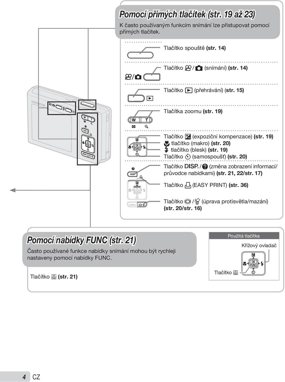 19) Tlačítko Y (samospoušť) (str. 20) Tlačítko g / E (změna zobrazení informací/ průvodce nabídkami) (str. 21, 22/str. 17) Tlačítko (EASY PRINT) (str.