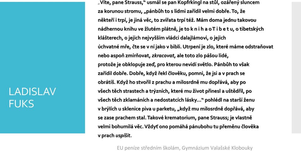 Utrpení je zlo, které máme odstraňovat nebo aspoň zmírňovat, zkracovat, ale toto zlo pášou lidé, protože je obklopuje zeď, pro kterou nevidí světlo. Pánbůh to však zařídil dobře.