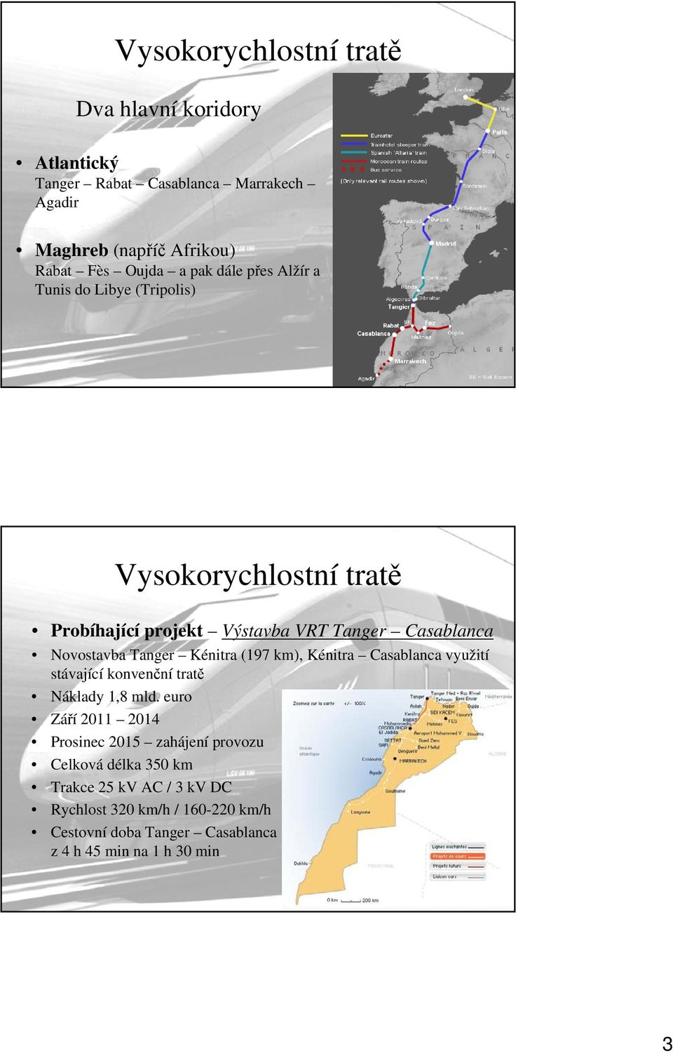 Kénitra (197 km), Kénitra Casablanca využití stávající konvenční tratě Náklady 1,8 mld.