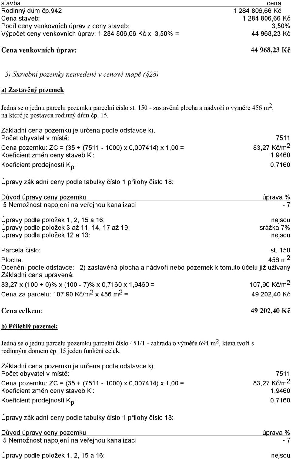 968,23 Kč 3) Stavební pozemky neuvedené v cenové mapě ( 28) a) Zastavěný pozemek Jedná se o jednu parcelu pozemku parcelní číslo st.