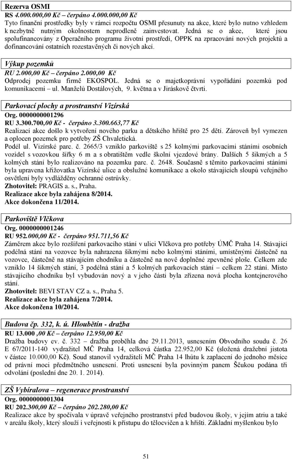 000,00 Kč čerpáno 2.000,00 Kč Odprodej pozemku firmě EKOSPOL. Jedná se o majetkoprávní vypořádání pozemků pod komunikacemi ul. Manželů Dostálových, 9. května a v Jiráskově čtvrti.