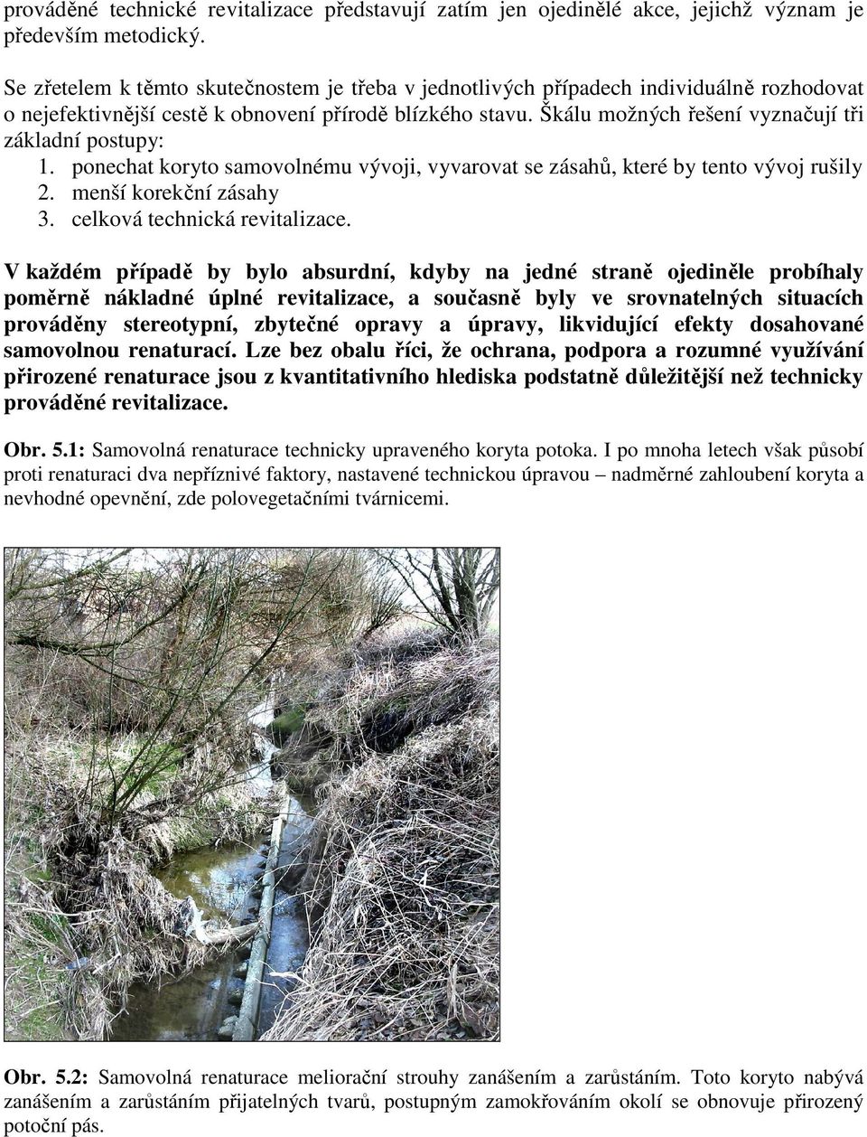 Škálu možných řešení vyznačují tři základní postupy: 1. ponechat koryto samovolnému vývoji, vyvarovat se zásahů, které by tento vývoj rušily 2. menší korekční zásahy 3. celková technická revitalizace.