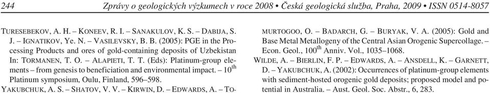 10 th Platinum symposium, Oulu, Finland, 596 598. YAKUBCHUK,A.S. SHATOV,V.V. KIRWIN,D. EDWARDS,A. TO- MURTOGOO, O. BADARCH, G. BURYAK, V. A.