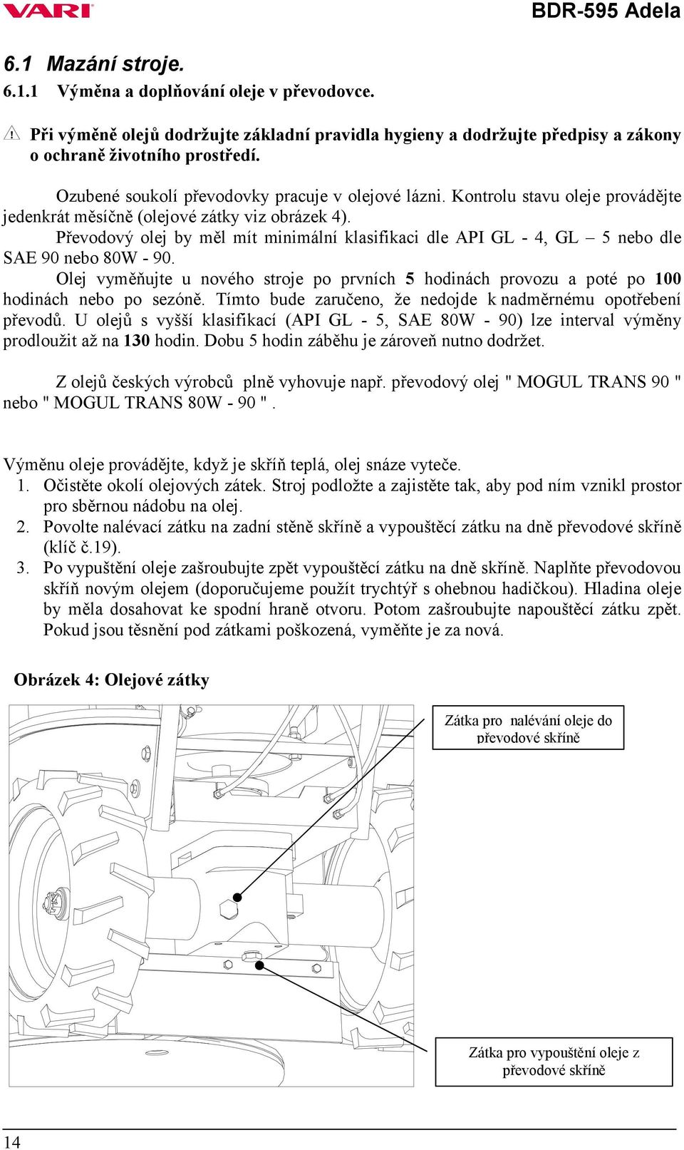 Převodový olej by měl mít minimální klasifikaci dle API GL - 4, GL 5 nebo dle SAE 90 nebo 80W - 90. Olej vyměňujte u nového stroje po prvních 5 hodinách provozu a poté po 100 hodinách nebo po sezóně.