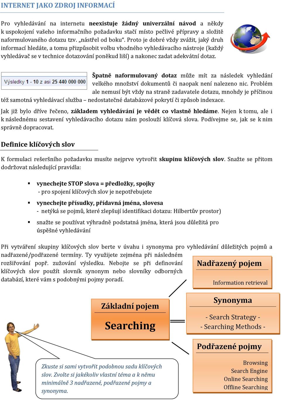 Proto je dobré vždy zvážit, jaký druh informací hledáte, a tomu přizpůsobit volbu vhodného vyhledávacího nástroje (každý vyhledávač se v technice dotazování poněkud liší) a nakonec zadat adekvátní