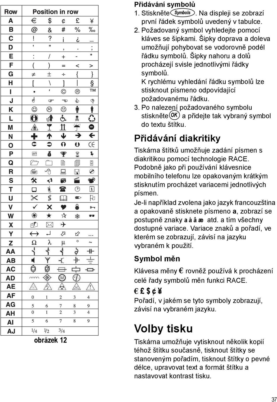 K rychlému vyhledání řádku symbolů lze stisknout písmeno odpovídající požadovanému řádku. 3. Po nalezení požadovaného symbolu stiskněte OK a přidejte tak vybraný symbol do textu štítku.