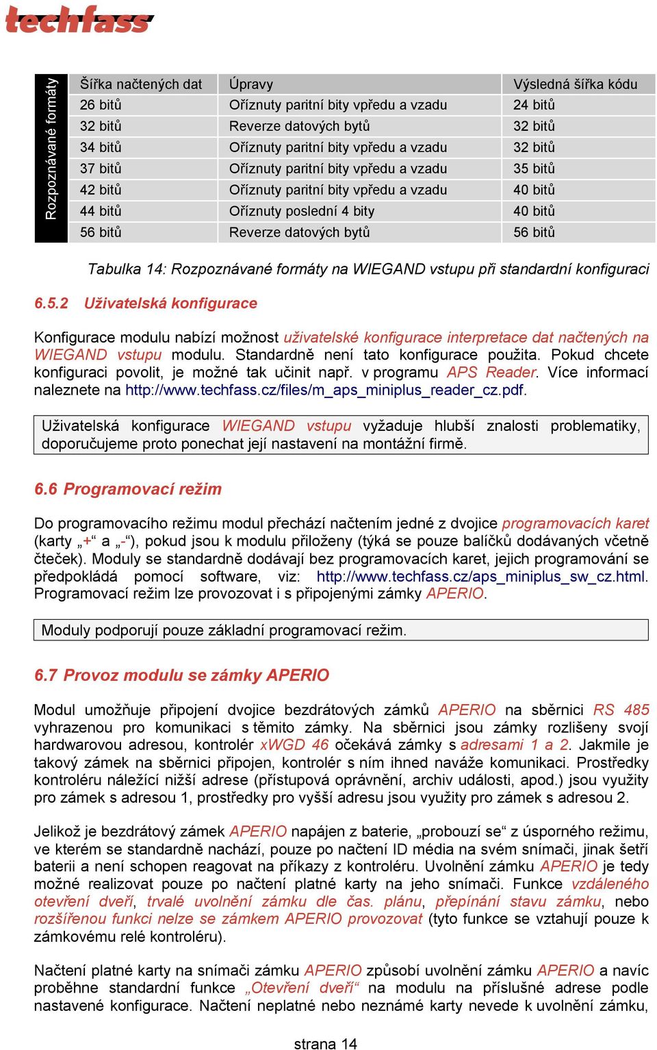 Tabulka 14: Rozpoznávané formáty na WIEGAND vstupu při standardní konfiguraci 6.5.