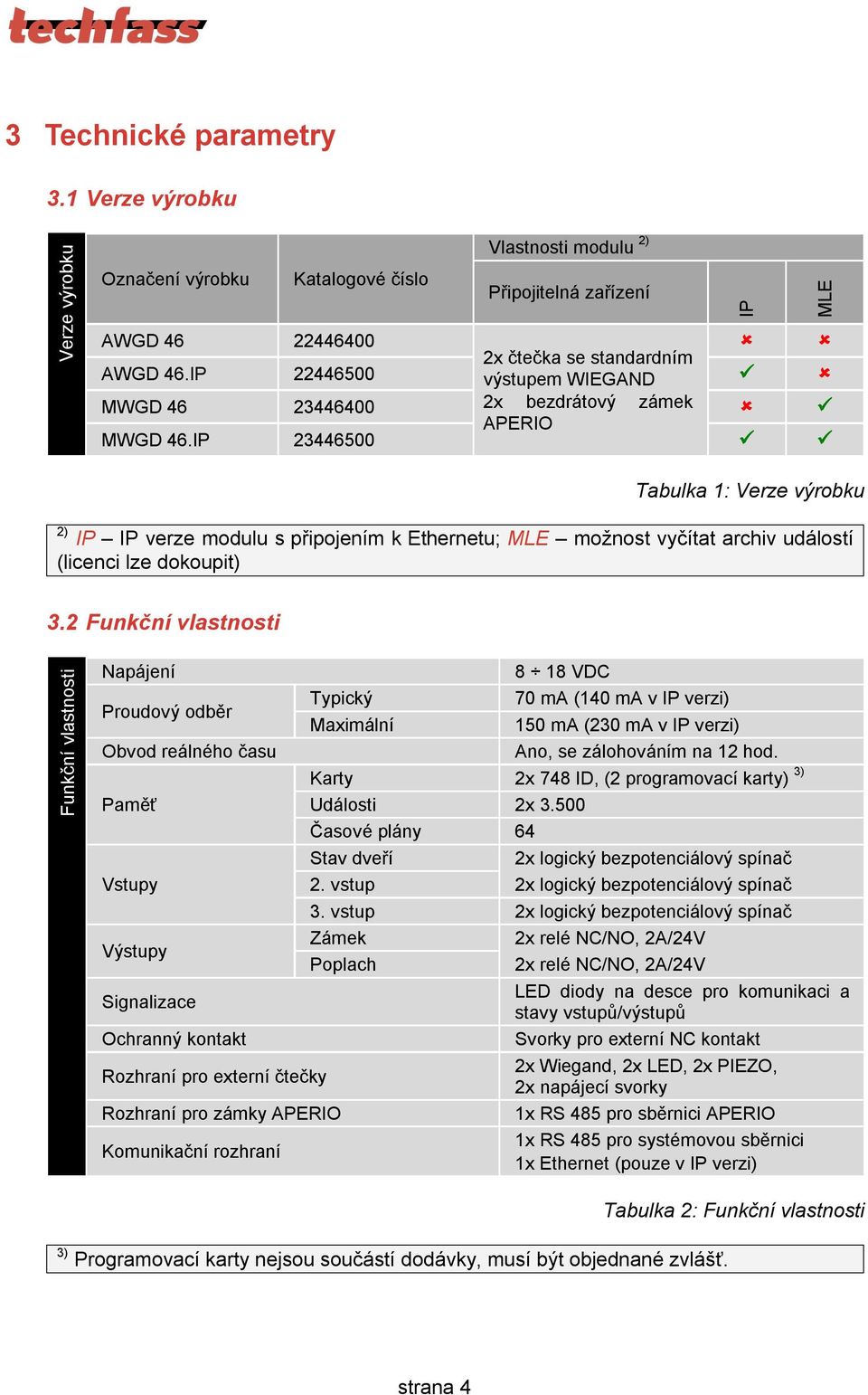 IP 23446500 Tabulka 1: Verze výrobku 2) IP IP verze modulu s připojením k Ethernetu; MLE možnost vyčítat archiv událostí (licenci lze dokoupit) 3.