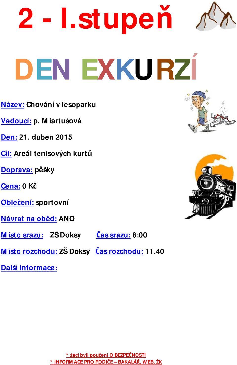 duben 201520 Cíl: Areál tenisových kurtů Oblečení: