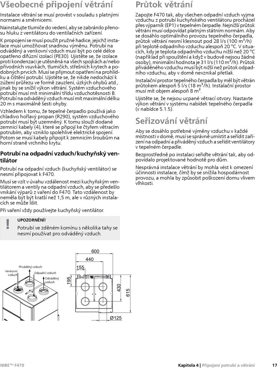 Potrubí na odváděný a venkovní vzduch musí být po celé délce opatřeno difúzní izolací (PE30).