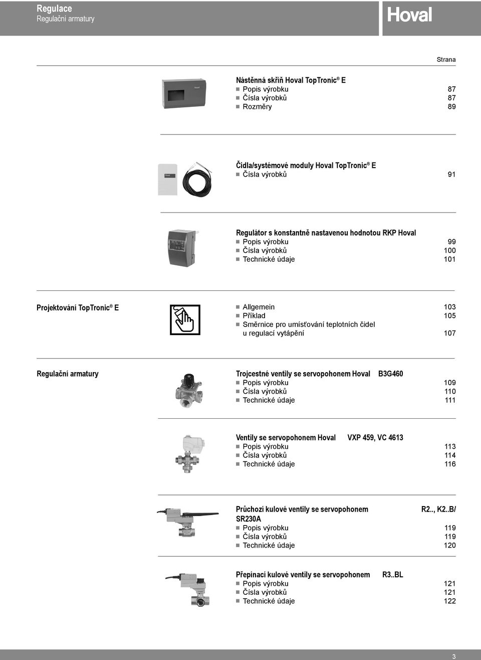 107 Regulační armatury Trojcestné ventily se servopohonem Hoval B3G460 Popis výrobku 109 Čísla výrobků 110 Technické údaje 111 Ventily se servopohonem Hoval VXP 459, VC 4613 Popis výrobku 113 Čísla