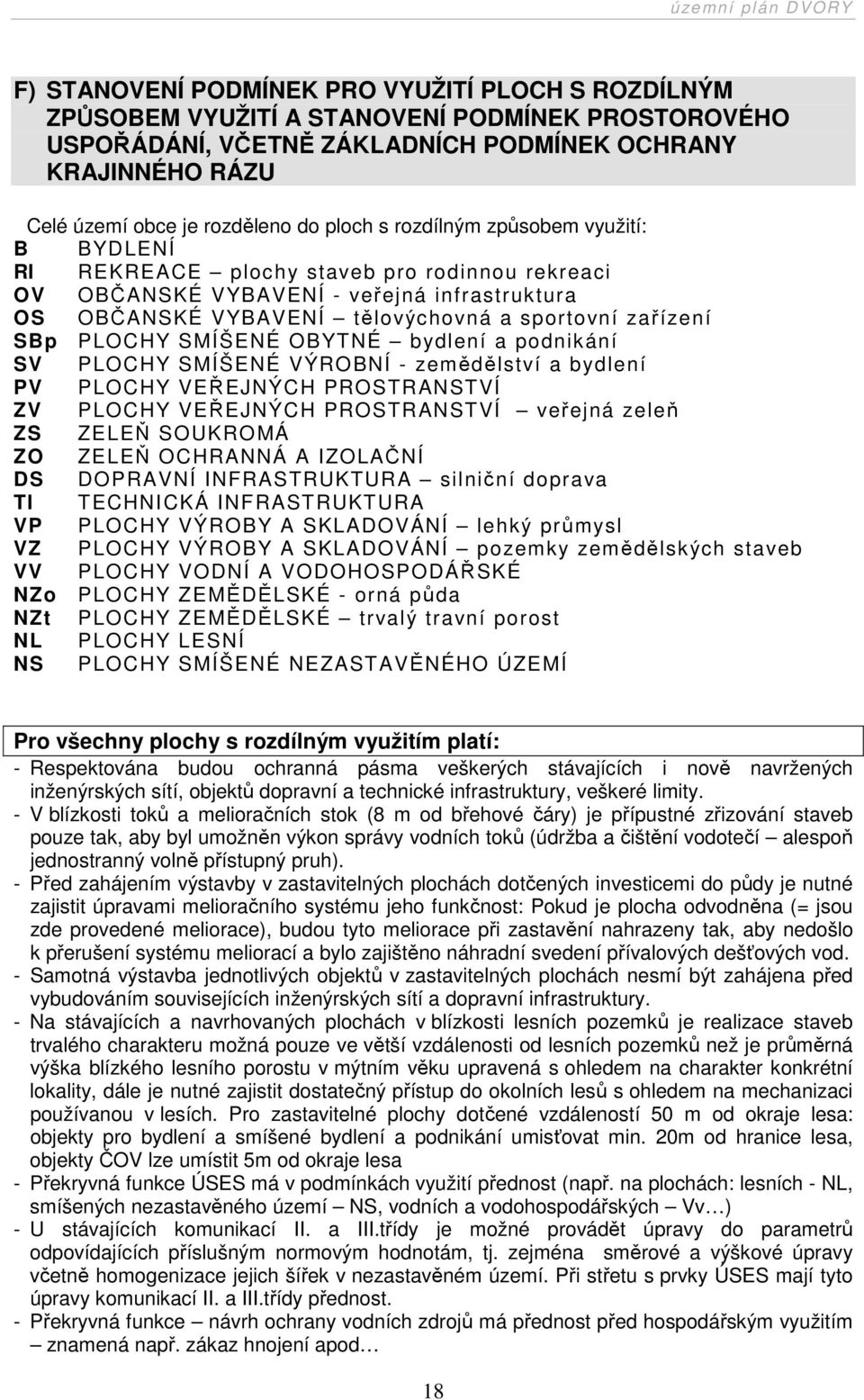 PLOCHY SMÍŠENÉ OBYTNÉ bydlení a podnikání SV PLOCHY SMÍŠENÉ VÝROBNÍ - zemědělství a bydlení PV PLOCHY VEŘEJNÝCH PROSTRANSTVÍ ZV PLOCHY VEŘEJNÝCH PROSTRANSTVÍ veřejná zeleň ZS ZELEŇ SOUKROMÁ ZO ZELEŇ
