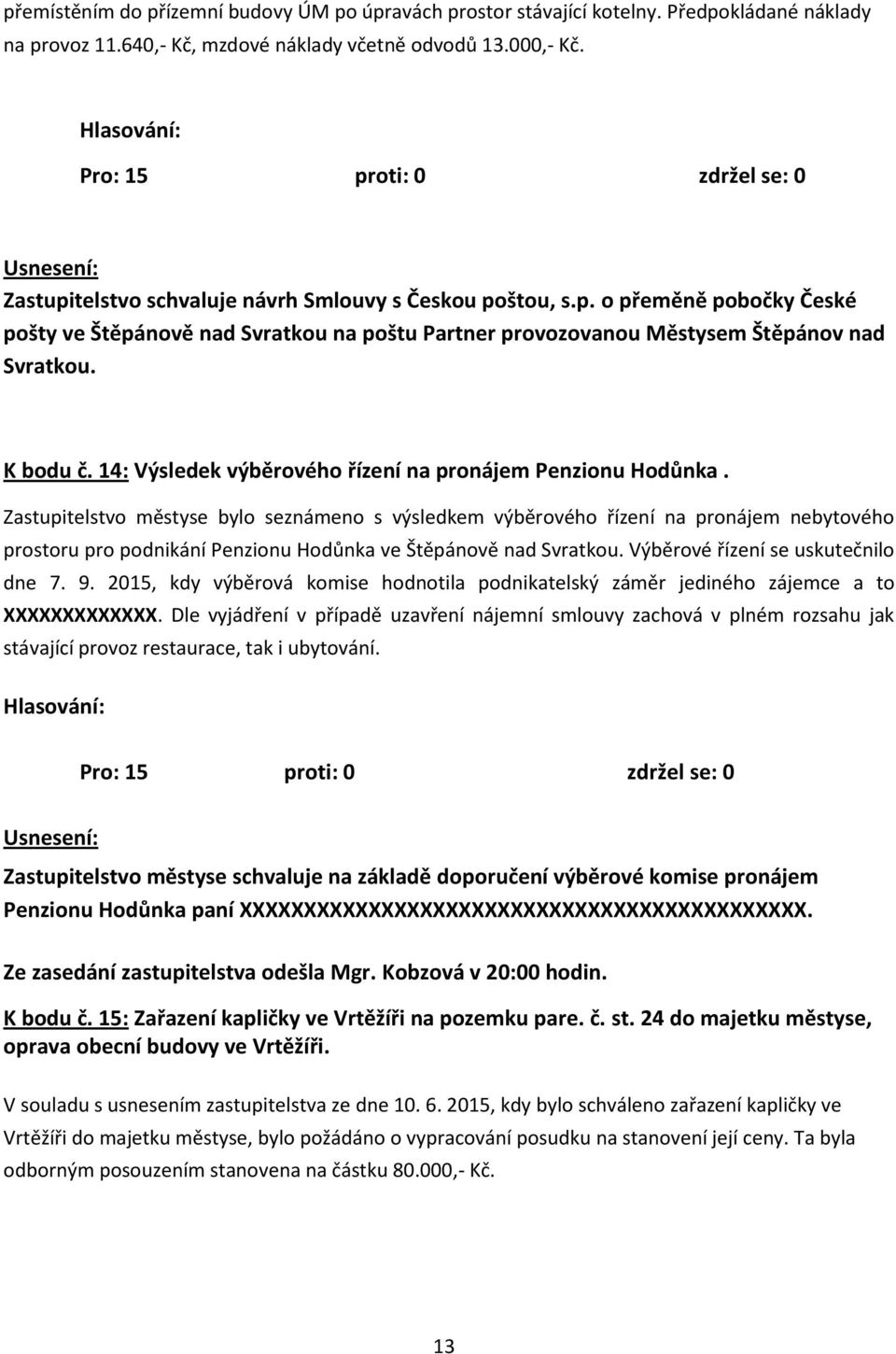 14: Výsledek výběrového řízení na pronájem Penzionu Hodůnka.