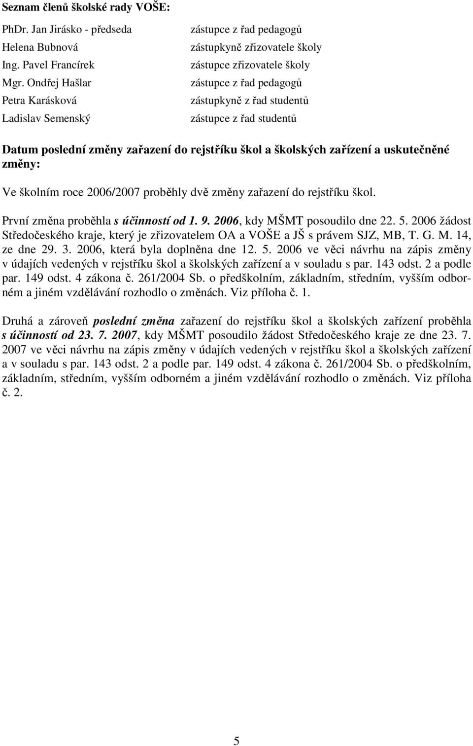 studentů Datum poslední změny zařazení do rejstříku škol a školských zařízení a uskutečněné změny: Ve školním roce 2006/2007 proběhly dvě změny zařazení do rejstříku škol.