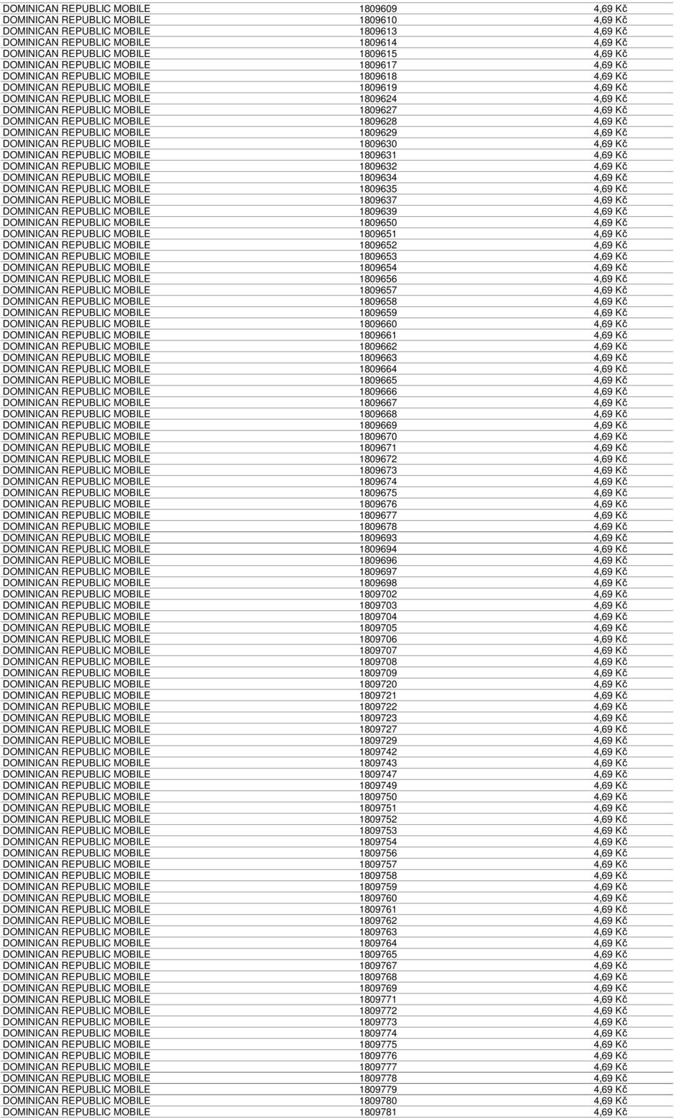 REPUBLIC MOBILE 1809627 4,69 Kč DOMINICAN REPUBLIC MOBILE 1809628 4,69 Kč DOMINICAN REPUBLIC MOBILE 1809629 4,69 Kč DOMINICAN REPUBLIC MOBILE 1809630 4,69 Kč DOMINICAN REPUBLIC MOBILE 1809631 4,69 Kč