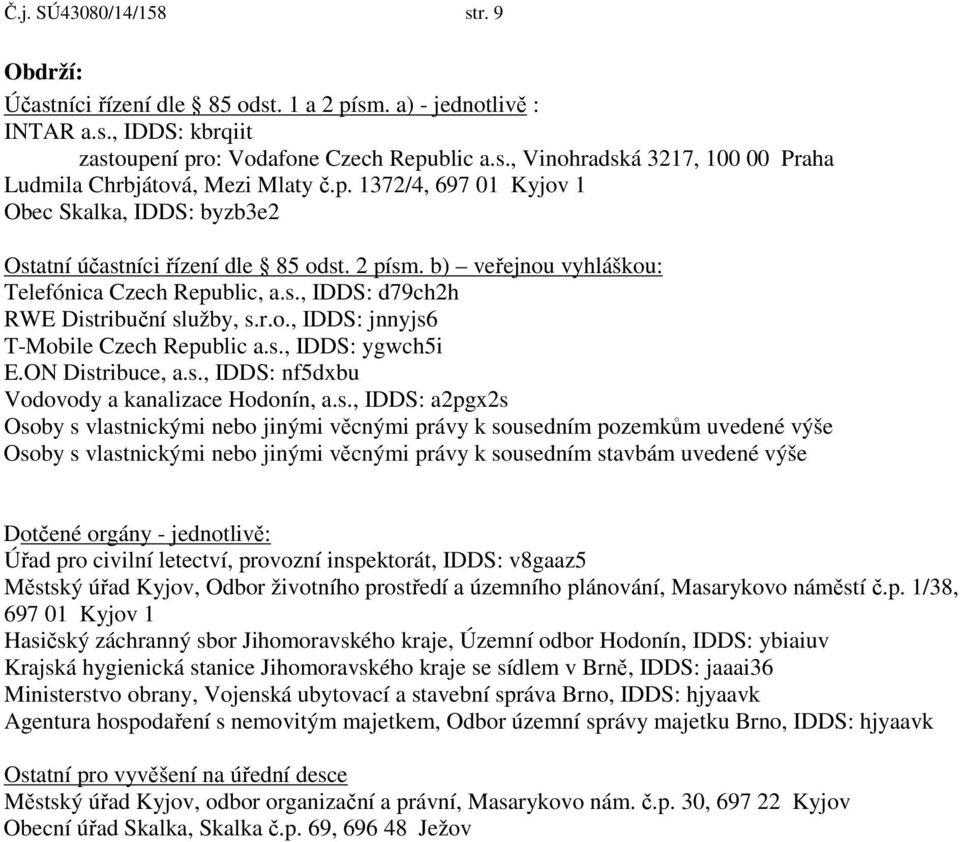 s., IDDS: ygwch5i E.ON Distribuce, a.s., IDDS: nf5dxbu Vodovody a kanalizace Hodonín, a.s., IDDS: a2pgx2s Osoby s vlastnickými nebo jinými věcnými právy k sousedním pozemkům uvedené výše Osoby s