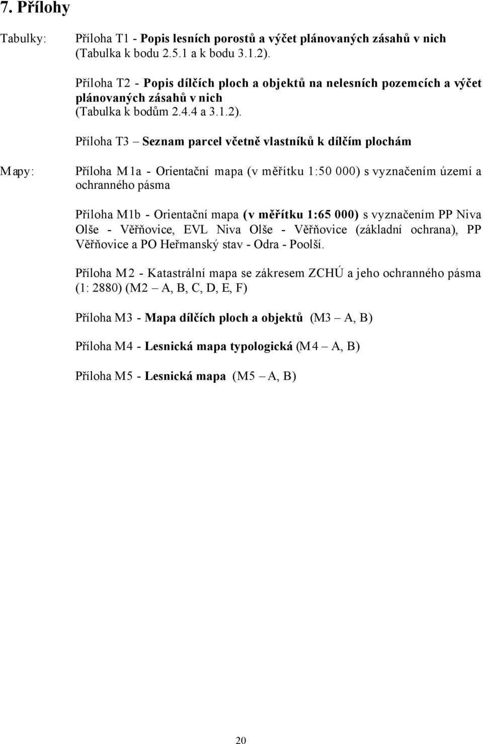 Příloha T3 Seznam parcel včetně vlastníků k dílčím plochám Mapy: Příloha M1a - Orientační mapa (v měřítku 1:50 000) s vyznačením území a ochranného pásma Příloha M1b - Orientační mapa (v měřítku 1:65