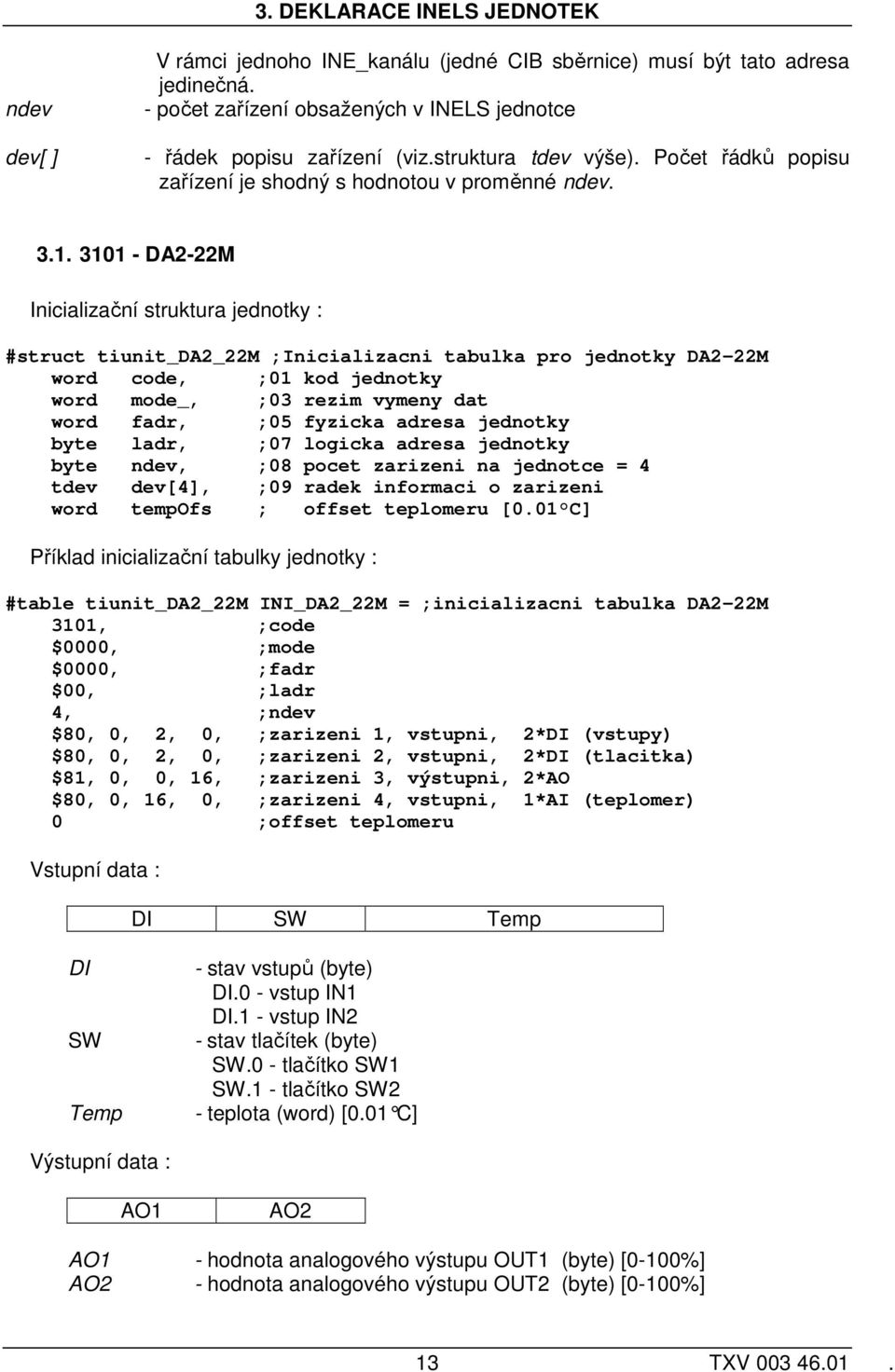 3101 - DA2-22M #struct tiunit_da2_22m ;Inicializacni tabulka pro jednotky DA2-22M byte ndev, ;08 pocet zarizeni na jednotce = 4 tdev dev[4], ;09 radek informaci o zarizeni word tempofs ; offset