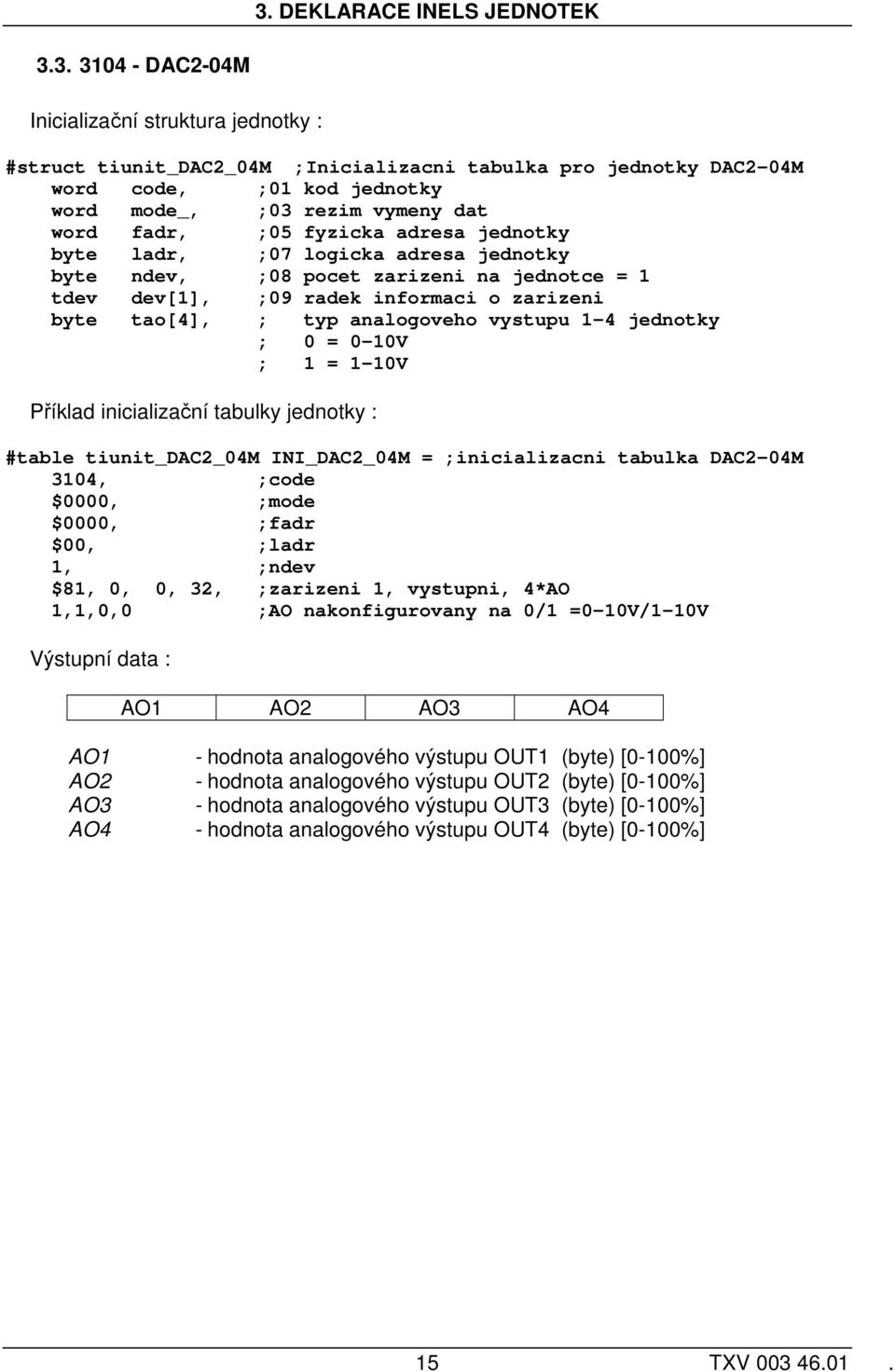 3104, ;code 1, ;ndev $81, 0, 0, 32, ;zarizeni 1, vystupni, 4*AO 1,1,0,0 ;AO nakonfigurovany na 0/1 =0-10V/1-10V AO1 AO2 AO3 AO4 AO1 - hodnota analogového výstupu OUT1 (byte)