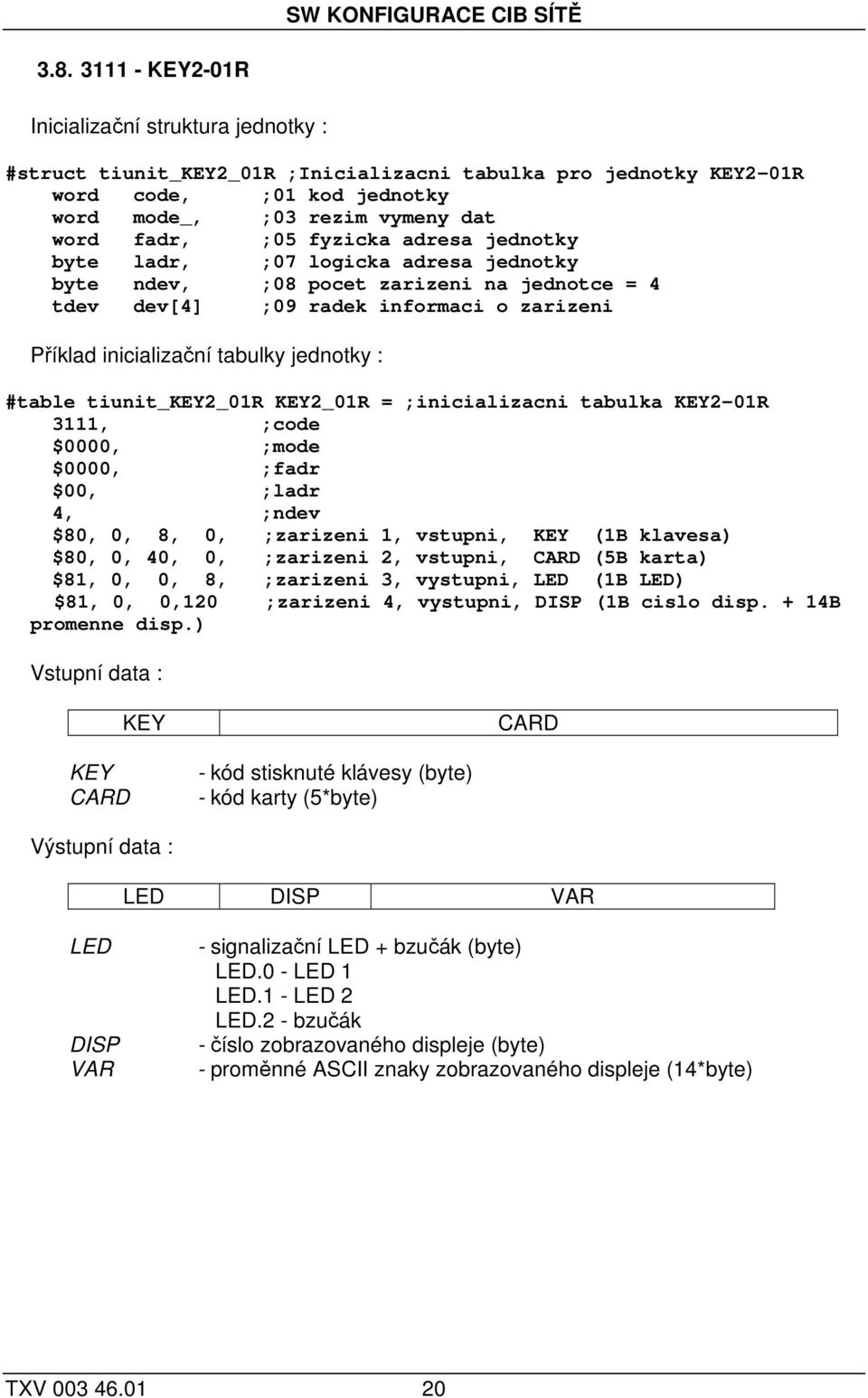 KEY2_01R = ;inicializacni tabulka KEY2-01R 3111, ;code 4, ;ndev $80, 0, 8, 0, ;zarizeni 1, vstupni, KEY (1B klavesa) $80, 0, 40, 0, ;zarizeni 2, vstupni, CARD (5B karta) $81, 0, 0, 8, ;zarizeni 3,