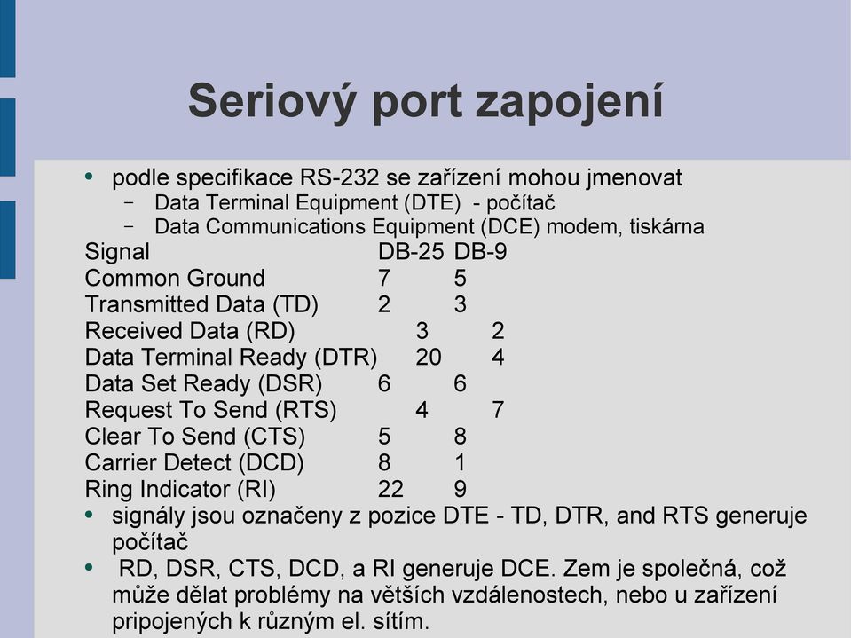 To Send (RTS) 4 7 Clear To Send (CTS) 5 8 Carrier Detect (DCD) 8 1 Ring Indicator (RI) 22 9 signály jsou označeny z pozice DTE - TD, DTR, and RTS generuje