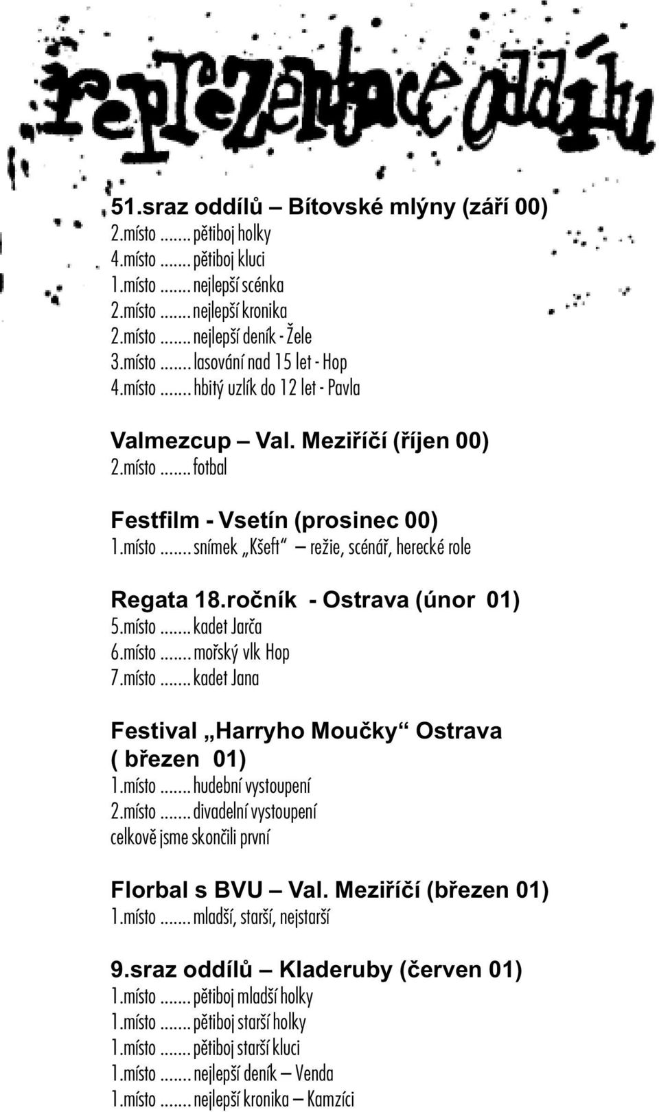 roèník - Ostrava (únor 01) 5.místo...kadet Jarèa 6.místo...moøský vlk Hop 7.místo...kadet Jana Festival Harryho Mouèky Ostrava ( bøezen 01) 1.místo...hudební vystoupení 2.místo...divadelní vystoupení celkovì jsme skonèili první Florbal s BVU Val.