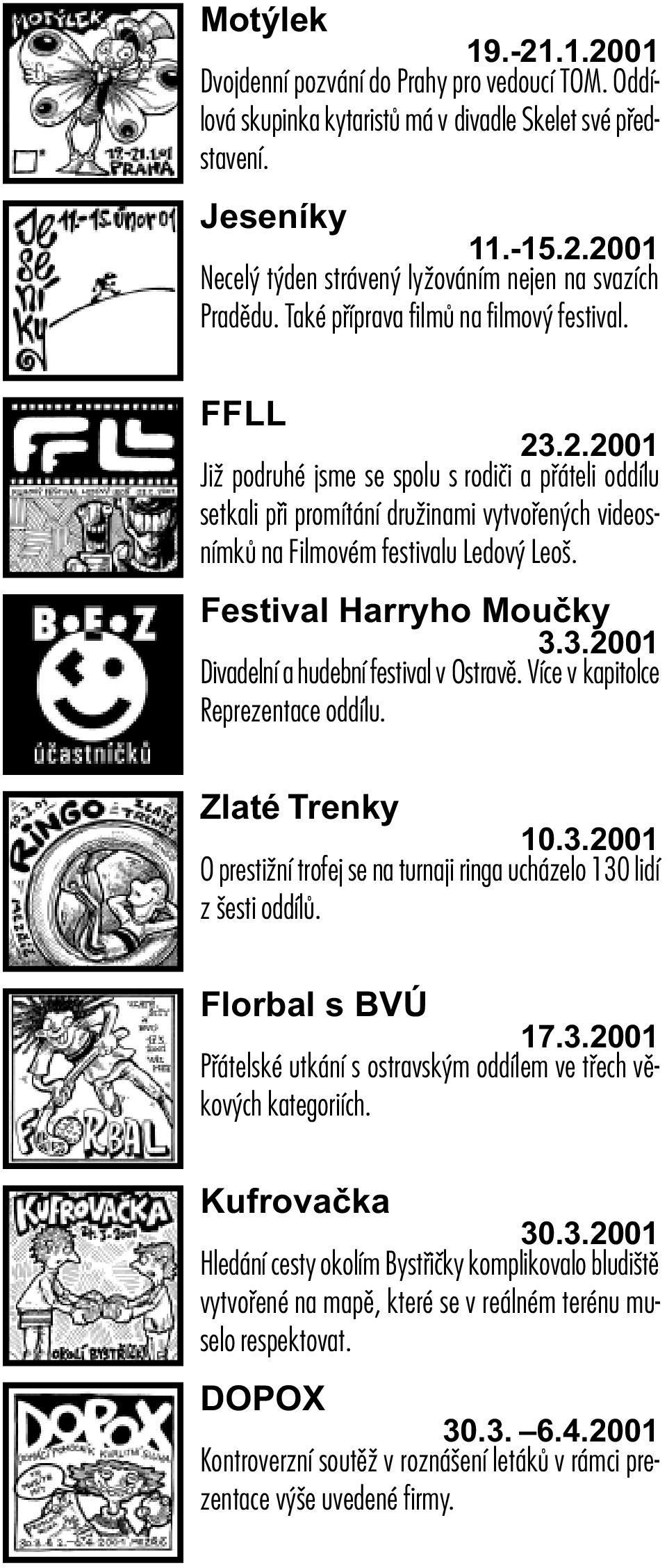 Festival Harryho Mouèky 3.3.2001 Divadelní a hudební festival v Ostravì. Více v kapitolce Reprezentace oddílu. Zlaté Trenky 10.3.2001 O prestižní trofej se na turnaji ringa ucházelo 130 lidí z šesti oddílù.