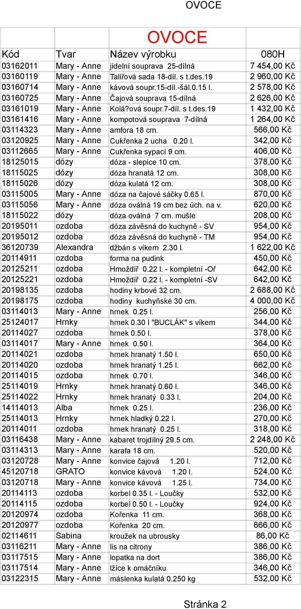 19 1 432,00 Kč 03161416 Mary - Anne kompotová souprava 7-dílná 03114323 Mary - Anne amfora 18 cm. 566,00 Kč 03120925 Mary - Anne Cukřenka 2 ucha 0.20 l.